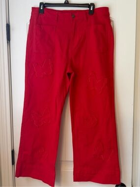 Enoint Red Denim Butterfly Applique High Rise Wide Leg Cropped Pants 2XL